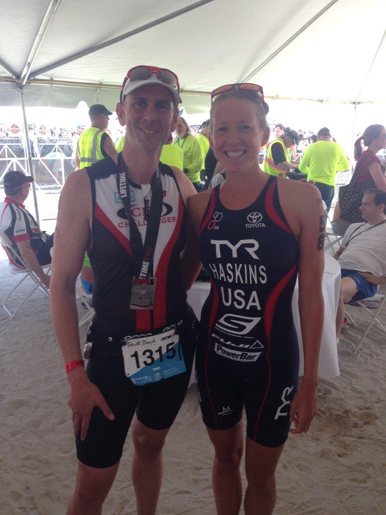 Post race, Heath Eskalyo with female winner, Sara Haskins, a former member of the US Triathlon Olympic Team.
